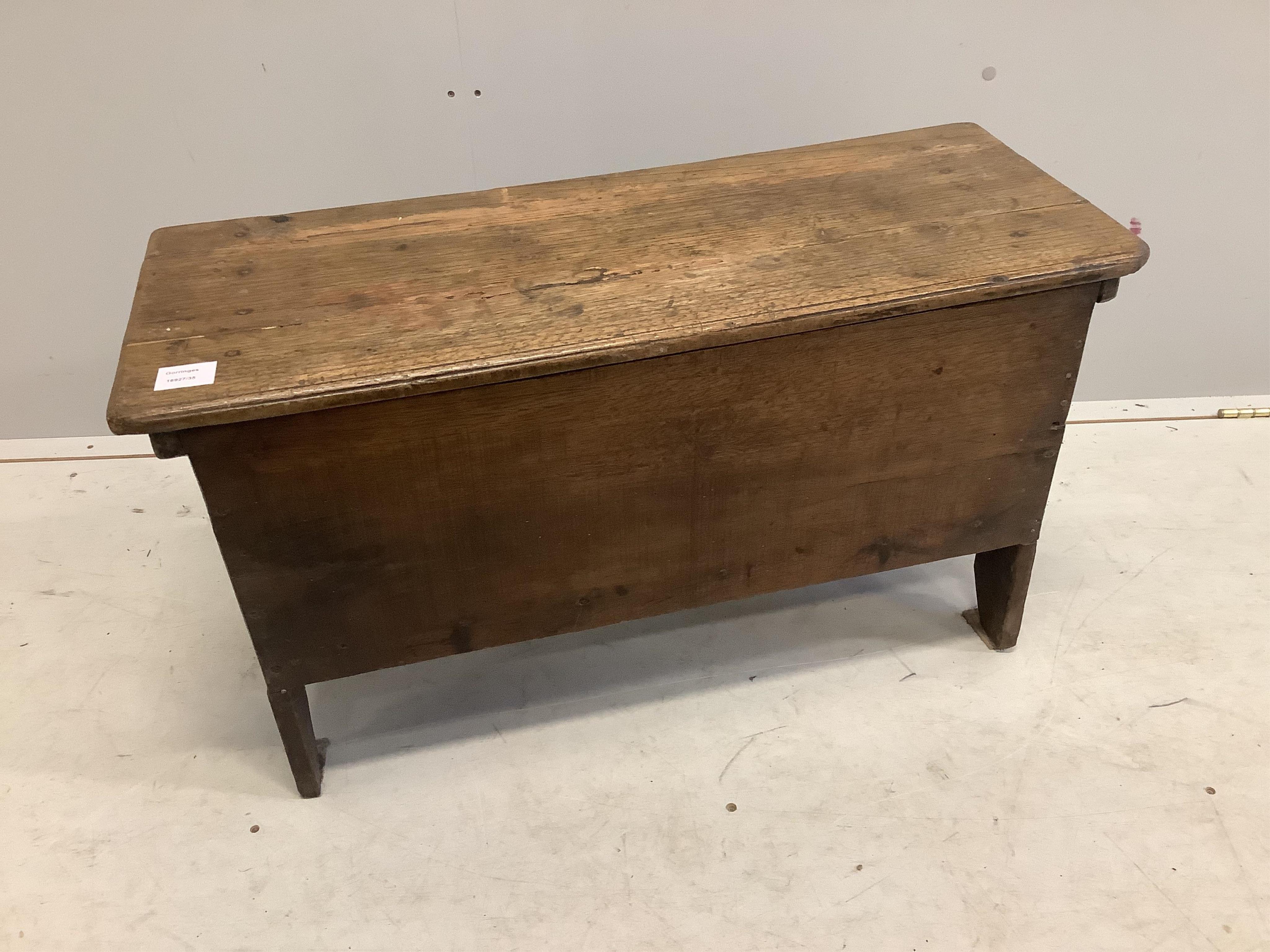 A small oak six plank coffer, width 80cm, depth 32cm, height 45cm. Condition - fair